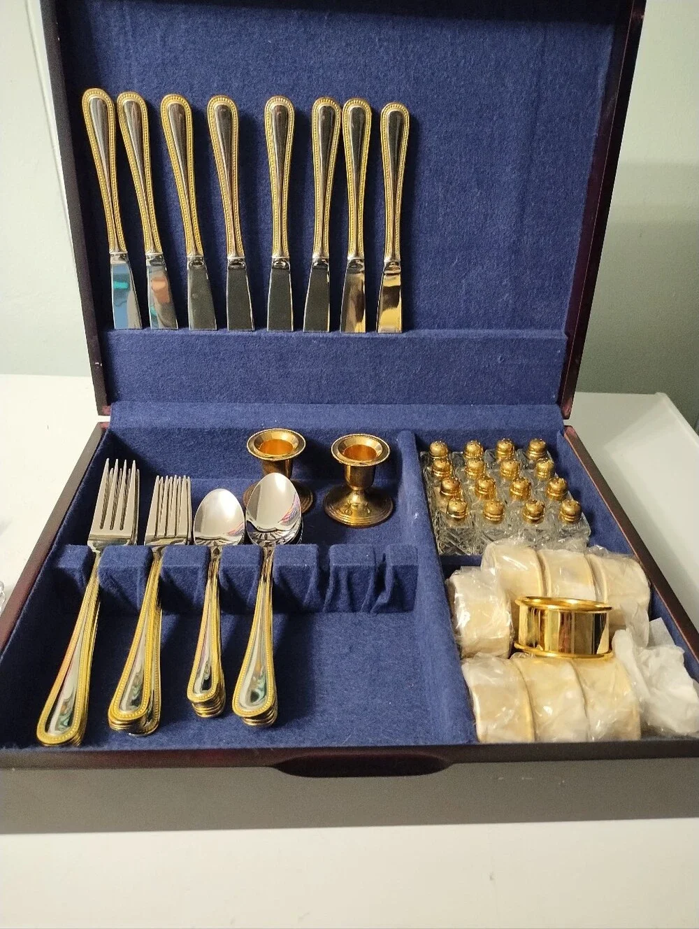 Vintage Gold-Trim Stainless Steel Flatware Set With Salts & Peppers, Napkin Ring